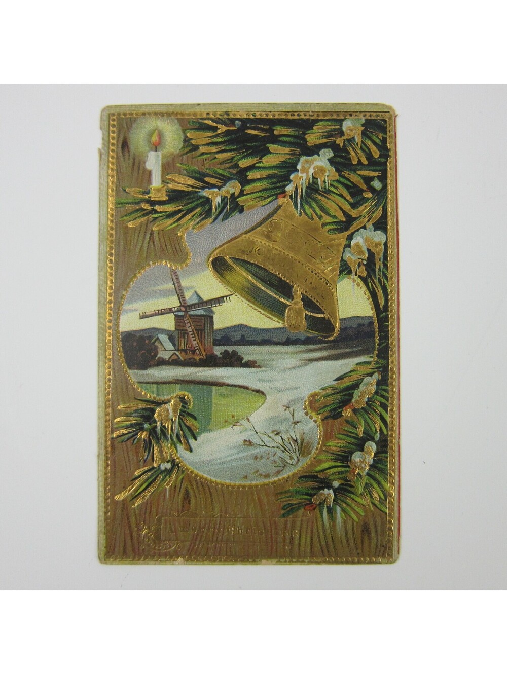 Vintage Christmas Postcard Windmill Pond Candle Bell Gold Embossed Antique 1910